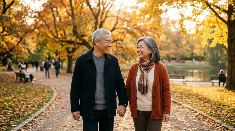 两位老人牵手散步