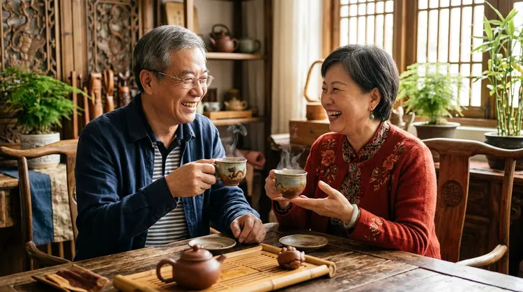 两位老人一起喝茶聊天
